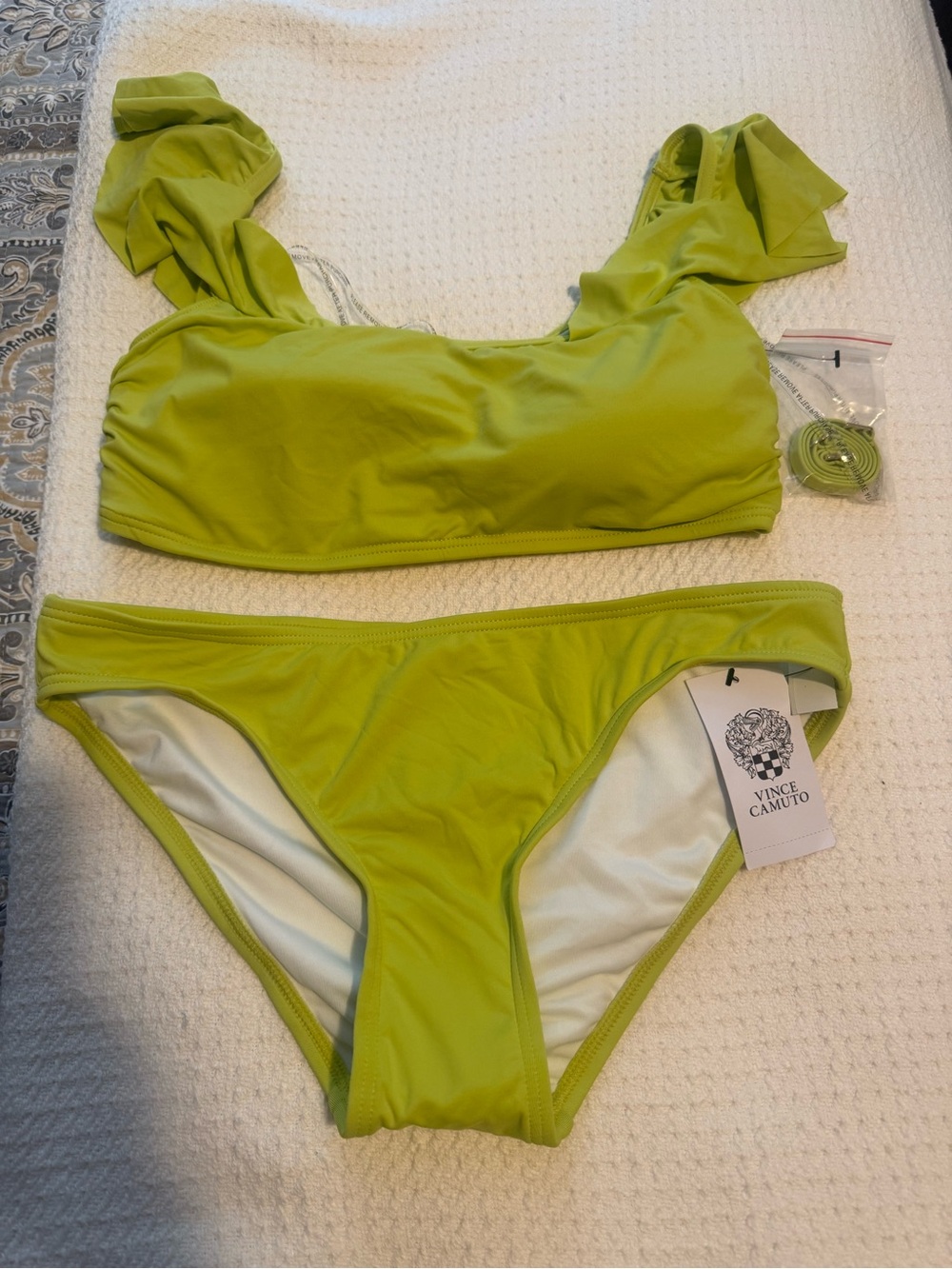 Vince Camuto Bright Lime Green Ruffled Strap Bikini Set